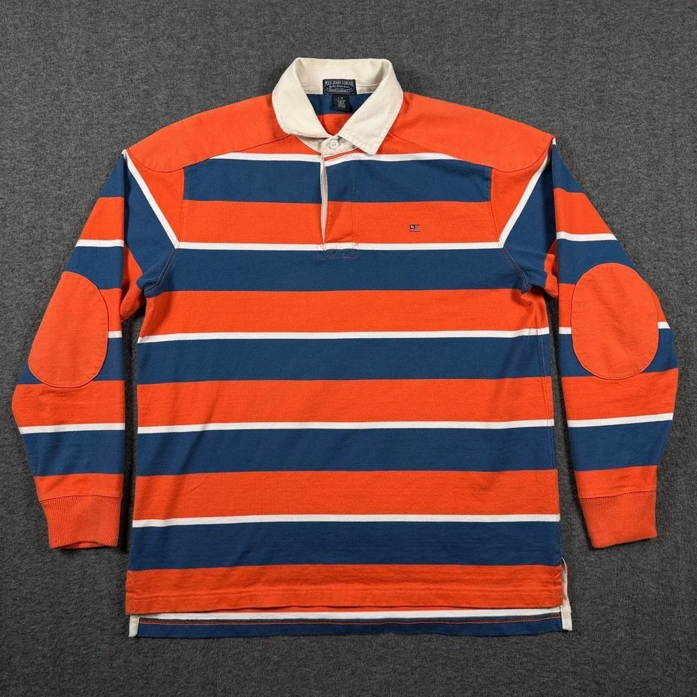 VTG Ralph Lauren Polo Jeans Co Rugby Shirt Mens Large Orange Navy Stripe 90s Y2K